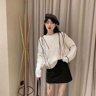 Plain Crewneck Long-sleeve Cable-knit Sweater / Plain High-waist A-line Skirt