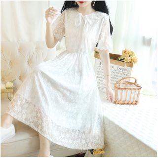 Short-sleeve Tie-neck Midi A-line Lace Dress