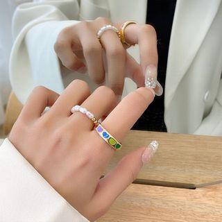 Set Of 2: Faux Pearl / Glaze Open Ring Set Of 2 - Gold & Red & Blue & Green - One Size