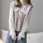 Long-sleeve Wide-collar Lace Blouse / Button-up Sweater Vest