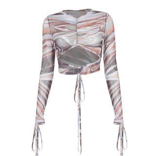 Long-sleeve Printed Cropped Mesh Top