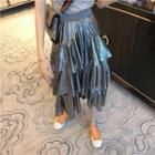 Short-sleeve Knit Top / Tiered Midi Skirt