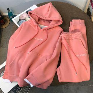 Set: Lettering Embroidered Drawstring Hoodie + Sweatpants