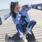 Tie-neck Blouse / Set: Tie-neck Blouse + Fringed Skinny Jeans