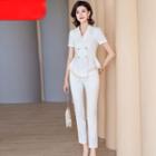 Short-sleeve Double-breasted Blazer / Mini Fitted Skirt / Dress Pants