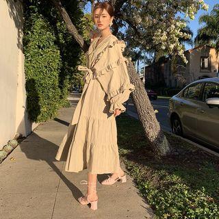Long-sleeve Ruffled Crochet Panel Midi A-line Dress