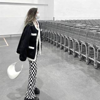 Contrast Trim Fleece Jacket / Checkerboard Boot-cut Pants