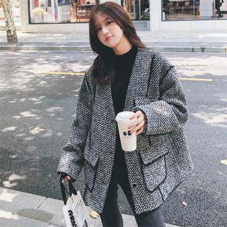 V-neck Button-up Tweed Jacket