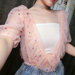 Faux Pearl Elbow-sleeve Ruffle Mesh Top