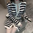 Long-sleeve Striped Mini Sheath Knit Dress Black & White - One Size