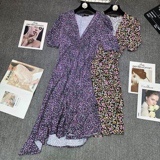 High-waist Short-sleeve V-neck Floral Dress