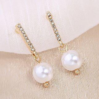 Rhinestone Faux Pearl Dangle Earring A343 - White & Gold - One Size