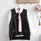 Set: Cat Embroidery Knit Vest + Shirt