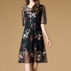 Short-sleeve Floral Embroidered A-line Dress
