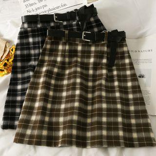 Plaid High-waist Mini Skirt With Belt