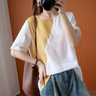 Two-tone Panel Short-sleeve Blouse