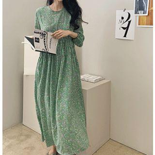 Floral Print Gathered-waist Long Dress