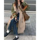 Color-block Loose-fit Trench Coat Green & Khaki - One Size