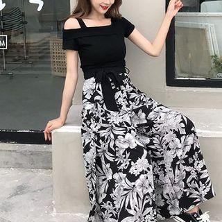 Set: Cold Shoulder Short-sleeve T-shirt + Floral Print Slit Wide Leg Pants