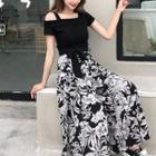 Set: Cold Shoulder Short-sleeve T-shirt + Floral Print Slit Wide Leg Pants