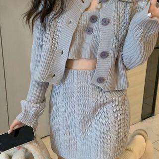 Cropped Knit Camisole Top / Cardigan / Knit Mini Skirt / Set
