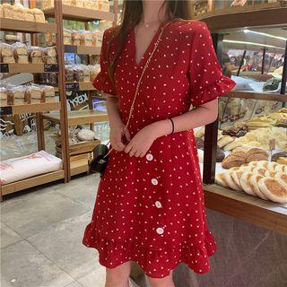 Short-sleeve Frill Trim Heart Patterned Chiffon A-line Mini Dress