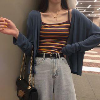 Striped Camisole / Long-sleeve Plain Cardigan