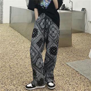 Paisley Patterned Drawstring Hem Straight-cut Pants
