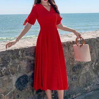Elbow-sleeve Ribbon A-line Midi Dress