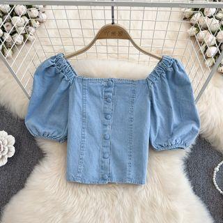 Puff Sleeve Denim Crop Blouse Blue - One Size