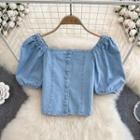 Puff Sleeve Denim Crop Blouse Blue - One Size
