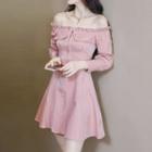 Off-shoulder Ruffle Trim Long-sleeve A-line Dress