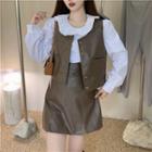 Faux Leather Button-up Vest / Mini Skirt / Ruffle Trim Blouse