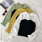 Color-block Ruffled-trim Panel Flare-sleeve Slim-fit Blouse