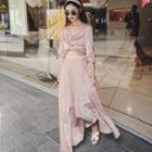 Short-sleeve Open Front V-neck Velvet Maxi Sun Dress
