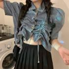 Drawstring Short-sleeve Denim Blouse