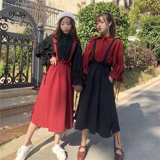 Lantern-sleeve Shirt / High Waist Midi Suspender Skirt