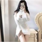 Long-sleeve Cold Shoulder Turtleneck Lace-up Mini Bodycon Dress White - One Size