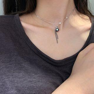 Faux Crystal Heart Pendant 925 Sterling Silver Choker Heart & Tassel - One Size