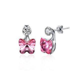 925 Sterling Silve Sparkling Elegant Noble Romantic Pink Sweet Butterfly Earrings With Pink Austrian Element Crystal Silver - One Size