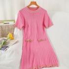 Short-sleeve Contrast Trim Knit Dress Rose Pink - One Size