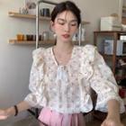 Bell-sleeve Lace Ribbon Floral Blouse Pink - One Size