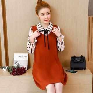 Set: Striped Blouse + V-neck Pinafore Dress