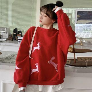 Deer Embroidered Panel Hem Fleece Top