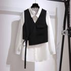 Set: Long Sleeve Plain Shirt + Lace-up Wrapped Vest