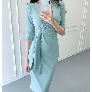 Elbow-sleeve Tie-waist Midi Sheath Dress
