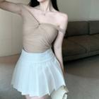 Off-shoulder Mesh Crop Top / Mini Pleated Skirt