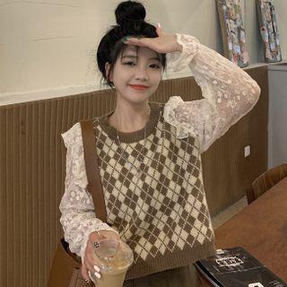 Lace Panel Argyle Knit Top