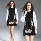 Set: Long-sleeve Blouse + Crane Embroidered Pinafore Dress
