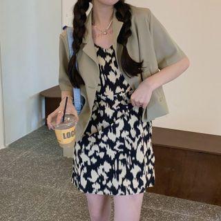 Spaghetti Strap Floral Print Mini A-line Dress / Short-sleeve Blazer